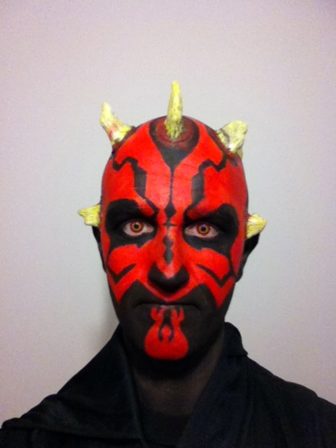 Darth Maul Makeup - Final Result I dabbed liquid latex around the base of the horns and lightly sponged red and black face paint to blend them in